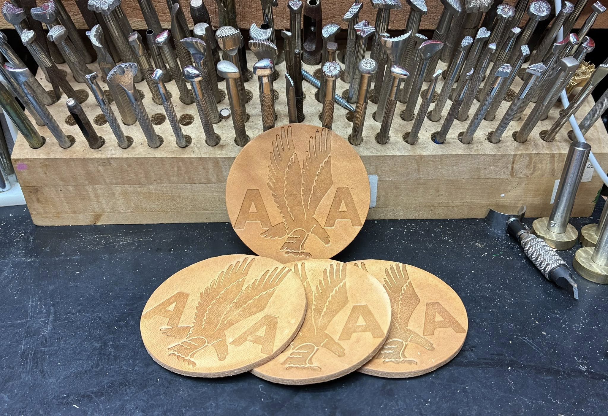Custom Leather Coasters — AA Logo